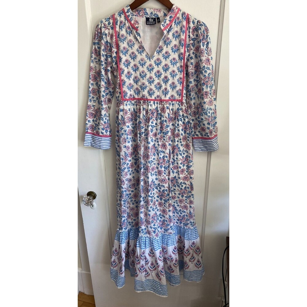 Madison Mathews Floral Block Print‎ Maxi Dress V Neck Long Sleeve Women's sz M
